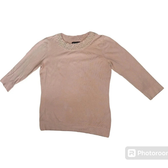 Karl Lagerfeld Paris Faux Pearl Neck Pale Pink  Lightweight Pullover Sweater, M - Picture 9 of 11